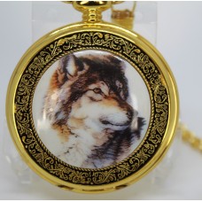 Wolf Gold Quartz Pocket Watch with Chain
